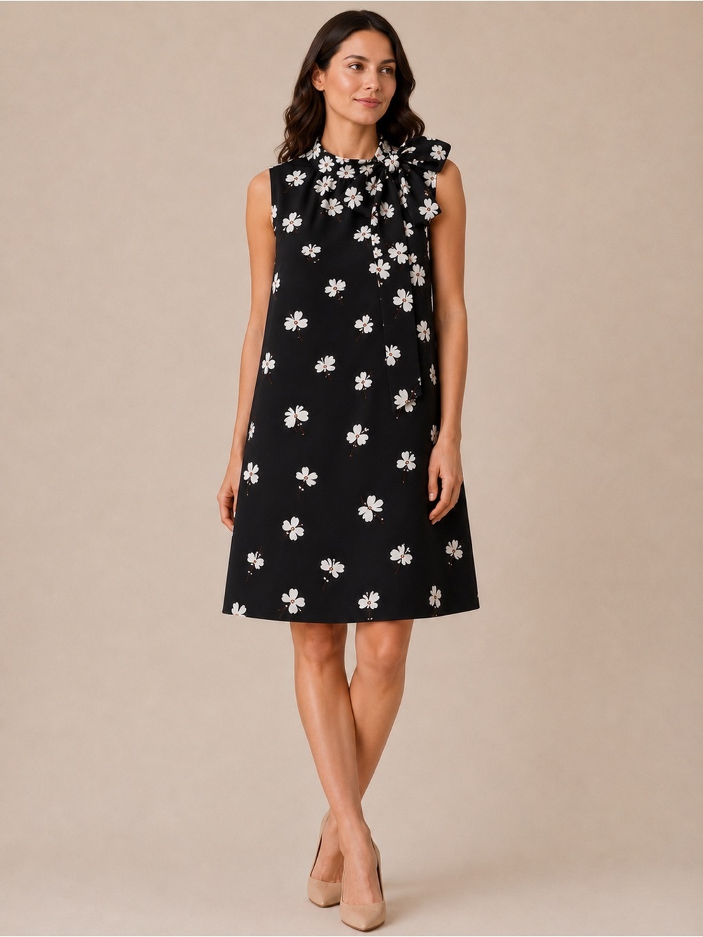 Ann Taylor Factory Petite 6P Black Floral Bow Neck Shift Dress Sleeveless Lined
